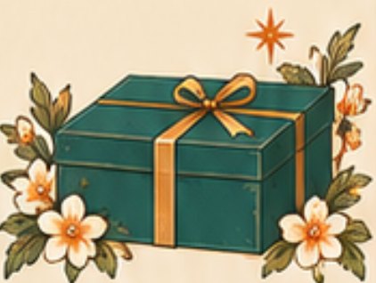 Teal box with gold ribbon, the Royal box