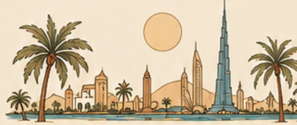 Illustrated Dubai skyline with palm trees and the Burj Khalifa